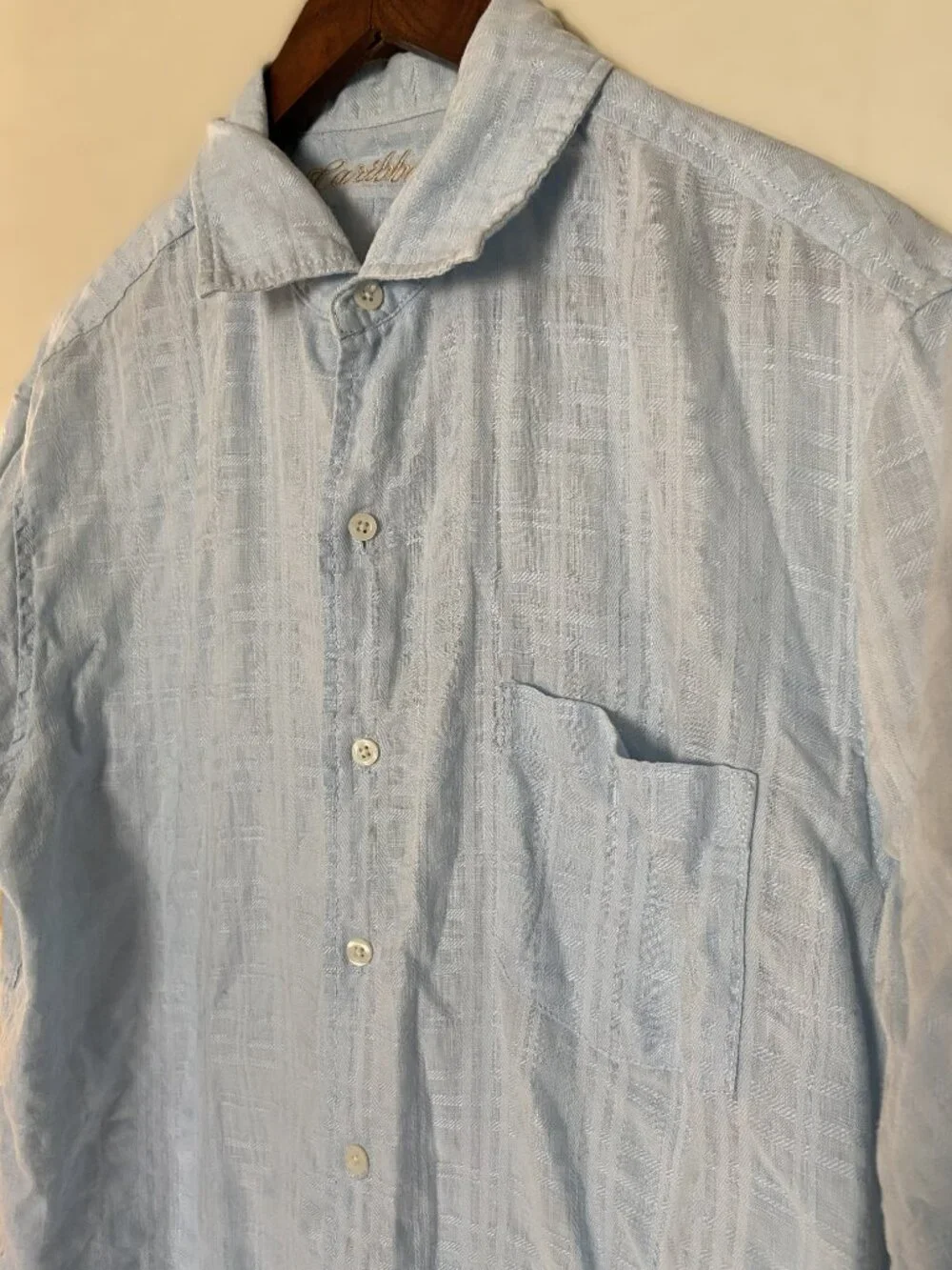 CARRIBEAN beachy men’s button up linen/cotton blend L blue